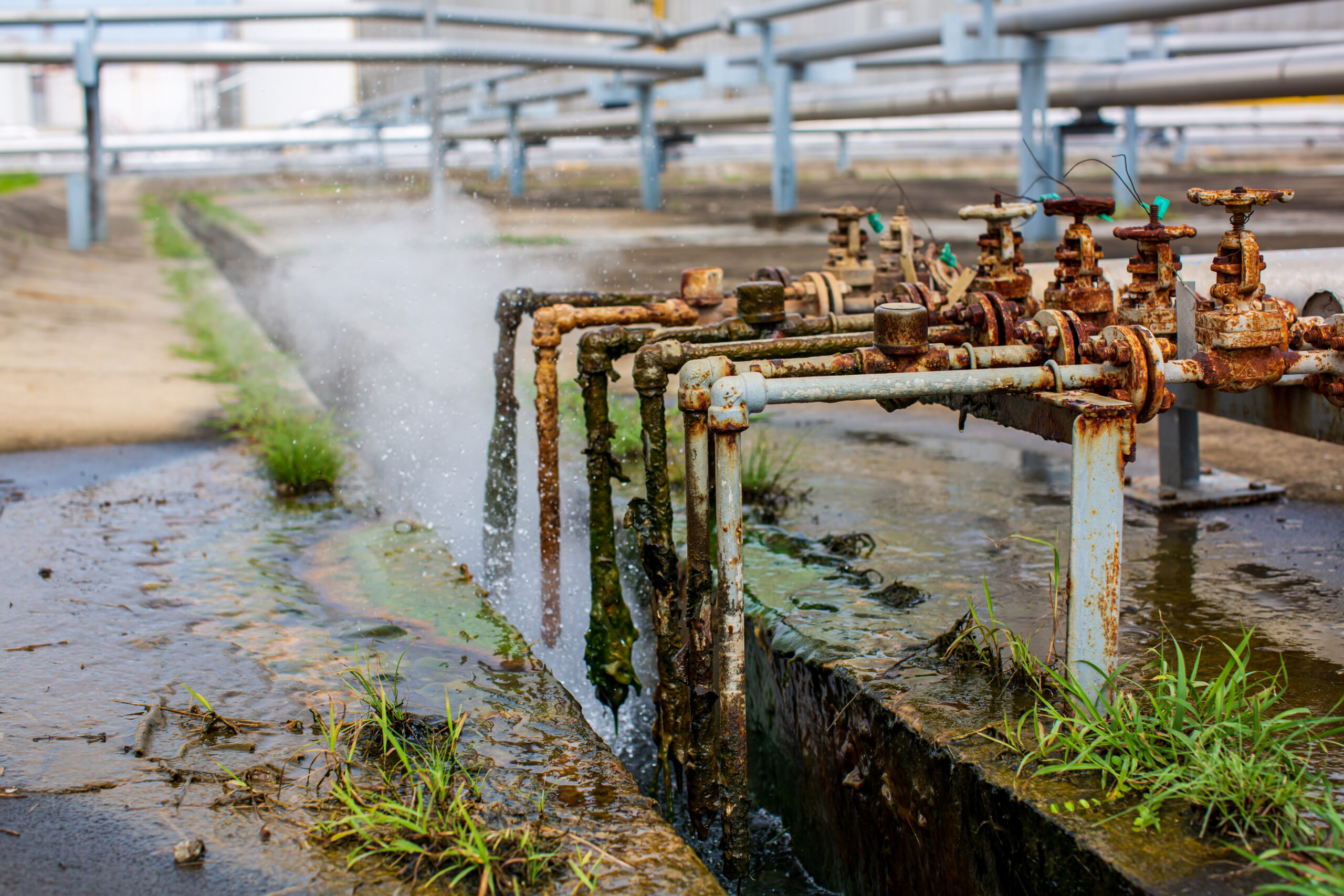 Corrosion rusty through valve tube steam gas leak at pipeline