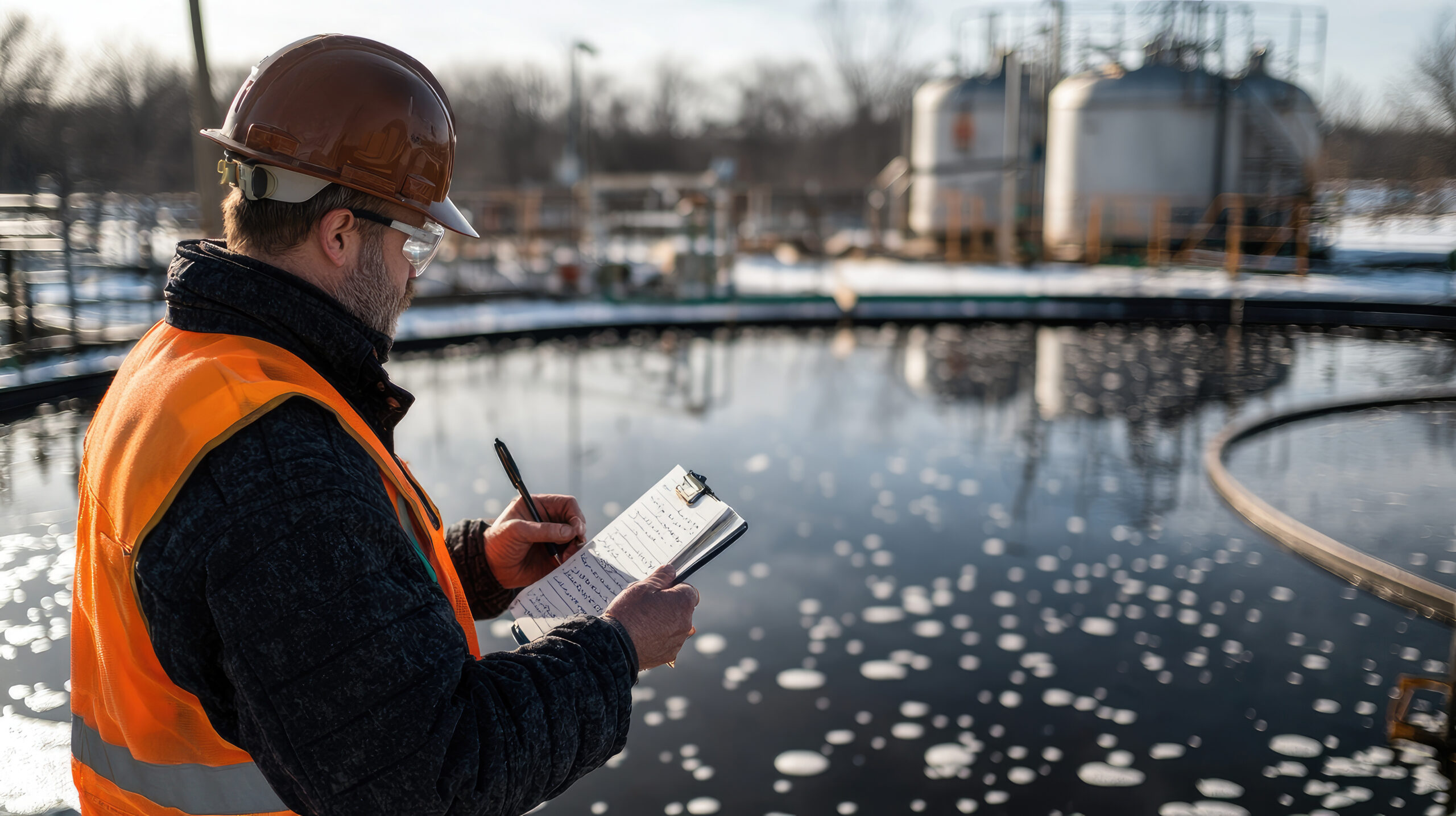 An engineer takes notes while observing a water treatment process, ensuring safety and quality in industrial operations. The scene captures the importance of monitoring.