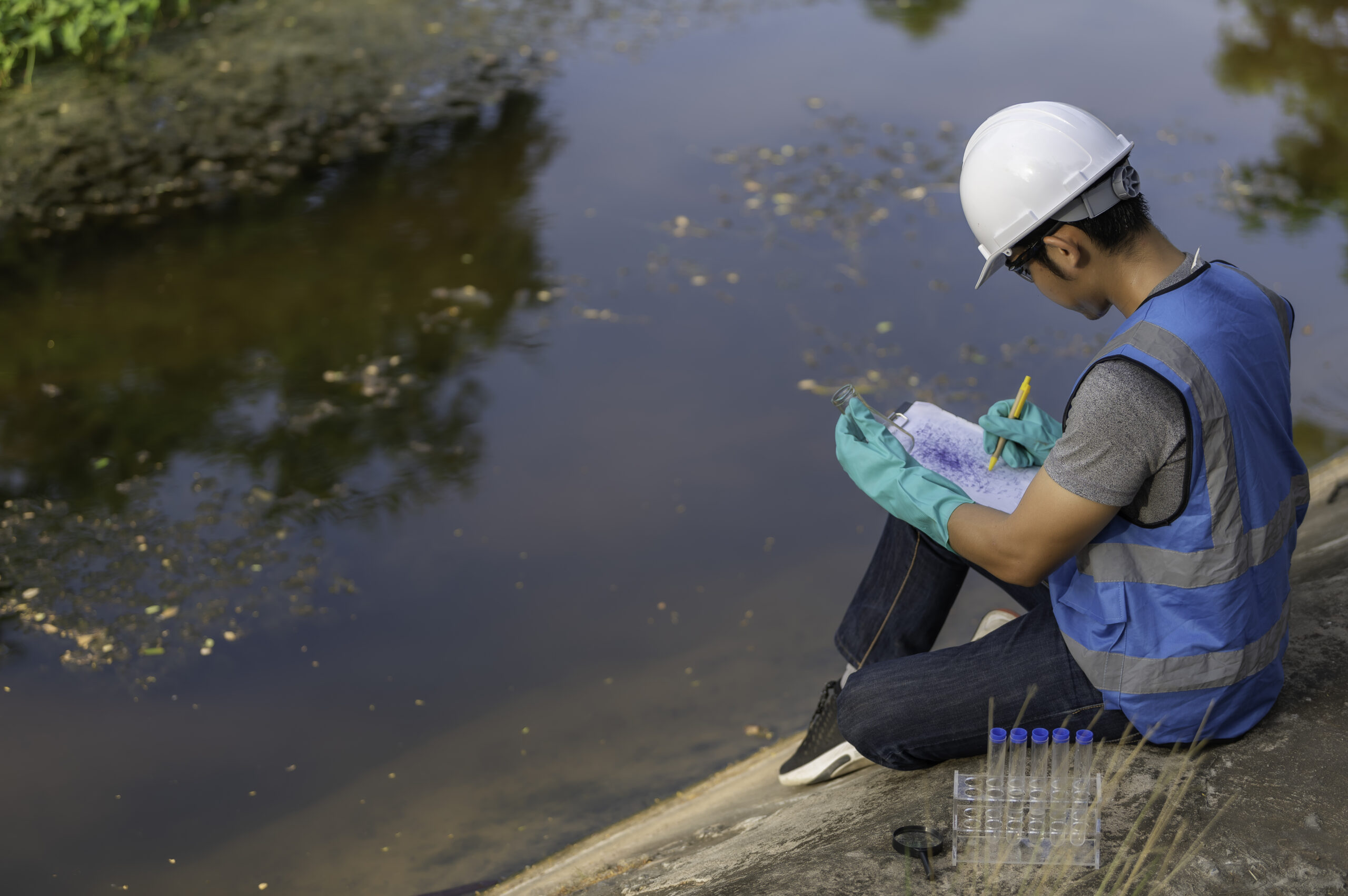 Environmental engineers inspect water quality,Bring water to the lab for testing,Check the mineral content in water and soil,Check for contaminants in water sources.