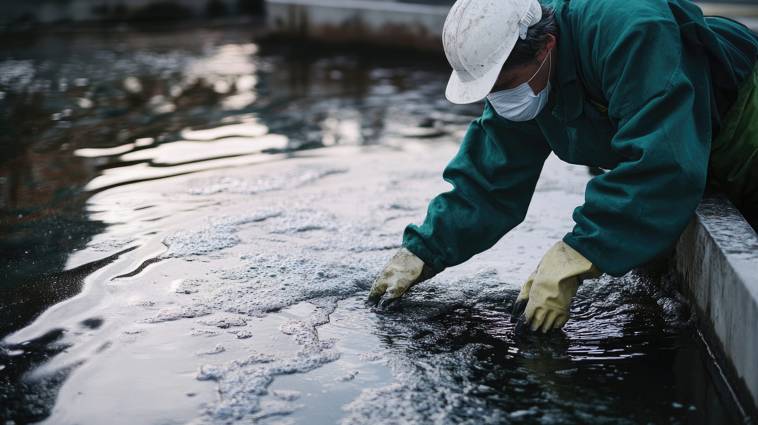 A person wearing a mask and gloves cleaning up a wastewater spill.