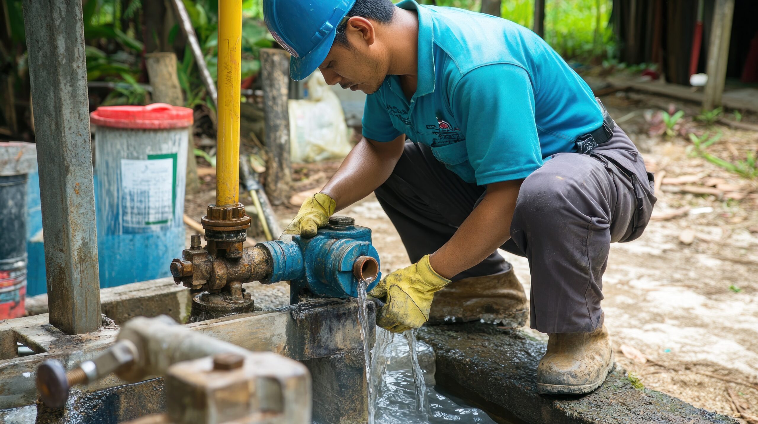 Malaysia, November 25, 2017 : Pipe contractor repairing sluice valve leaking at the meter stand for ensure users get a clean water for life. --ar 16:9 --v 6.1 Job ID: 0b5f4b18-27eb-4ad3-b194-9b8fcbc8283a