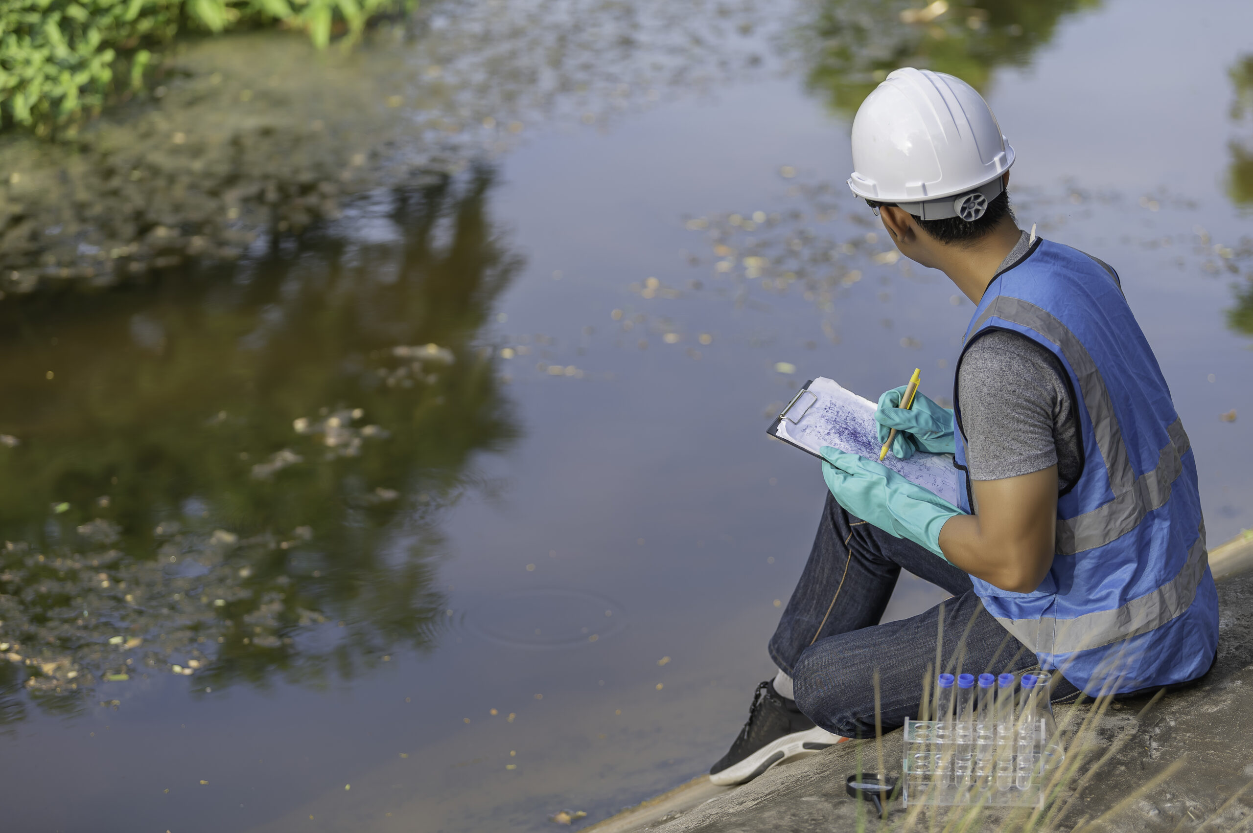Environmental engineers inspect water quality,Bring water to the lab for testing,Check the mineral content in water and soil,Check for contaminants in water sources.