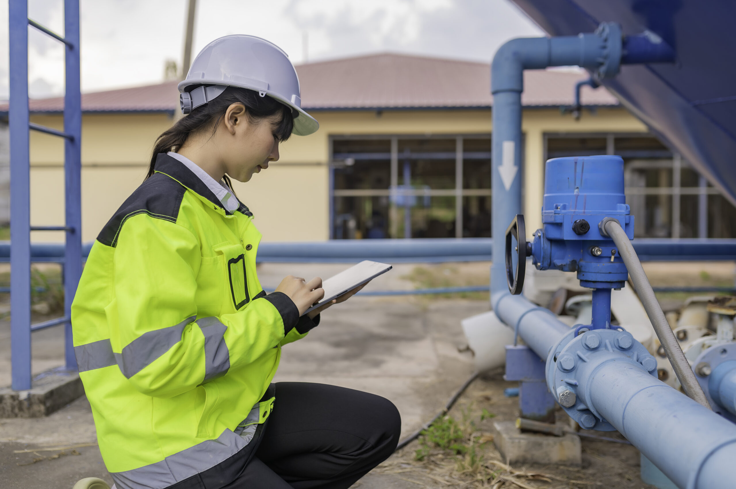 Environmental engineers work at wastewater treatment plants,Water supply engineering working at Water recycling plant for reuse,Check the amount of chlorine in the water to be within the criteria.