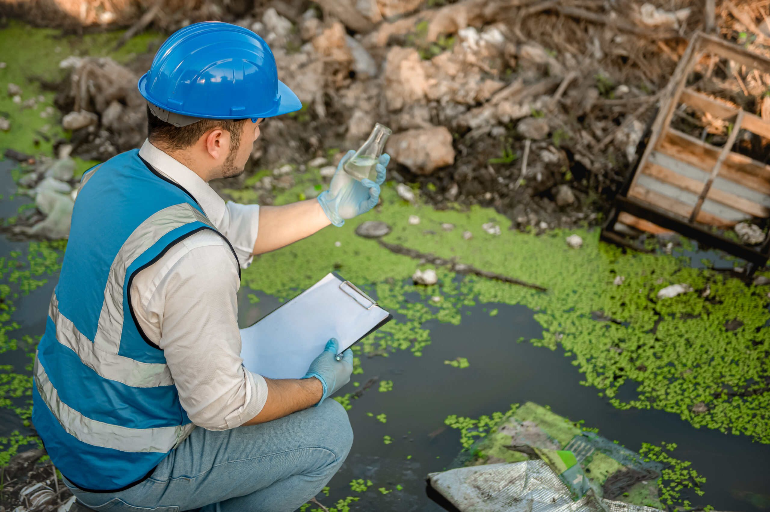 Water resource experts check the water quality in a community canal contaminated with garbage in the canal.