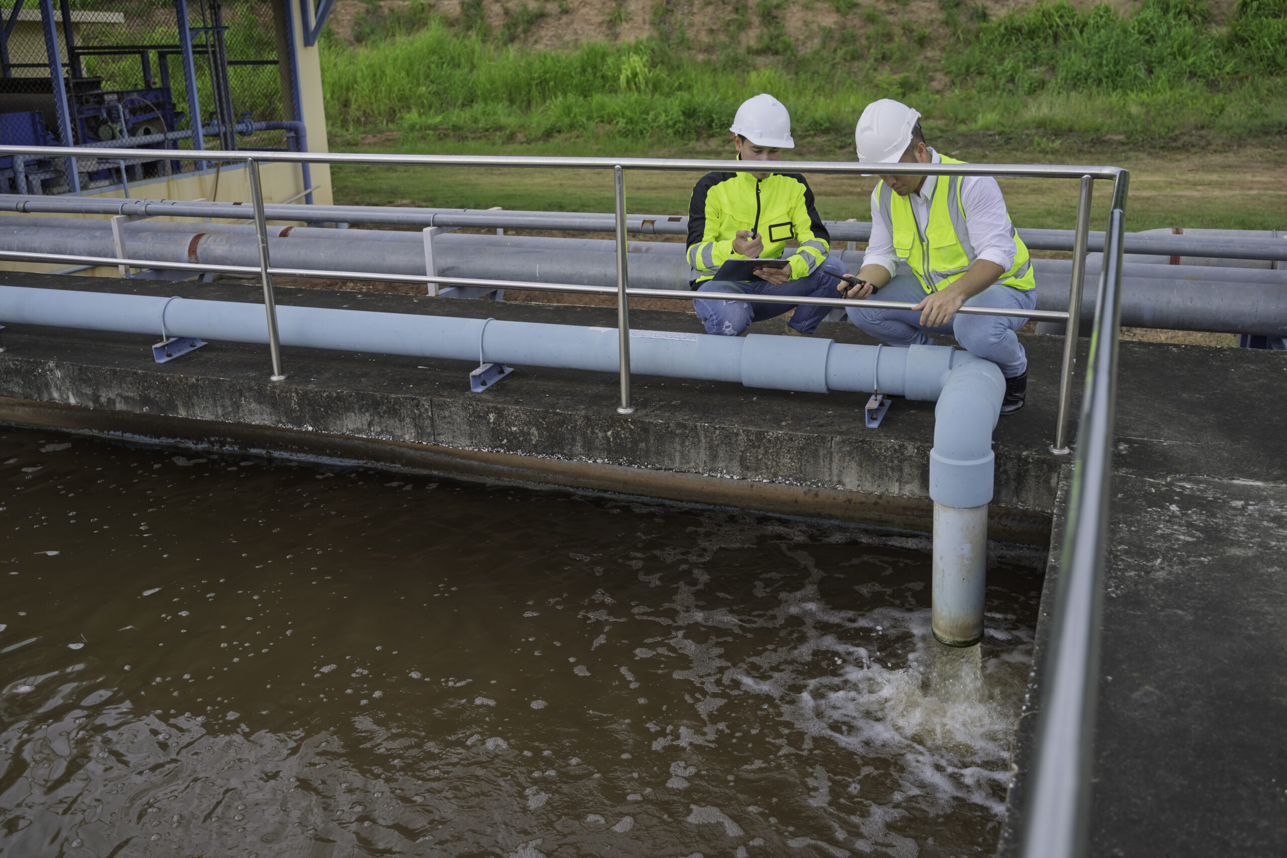 Two engineers wearing safety gear inspect water quality and infrastructure at a wastewater treatment site. The scene reflects environmental engineering, water management, and industrial safety practices.